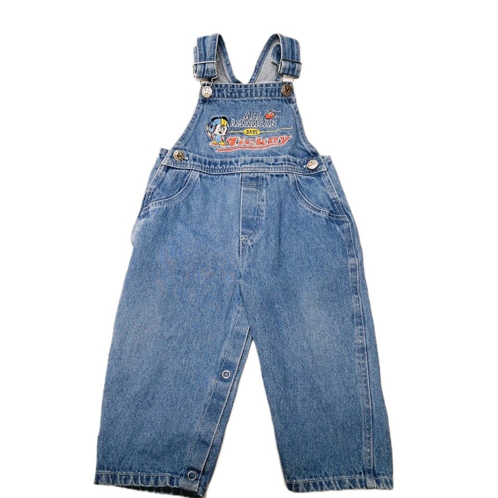 Vtg Baby Mickey Mouse Football  Overall Bibs Denim Jean Youth 24 Months 90s Y2k